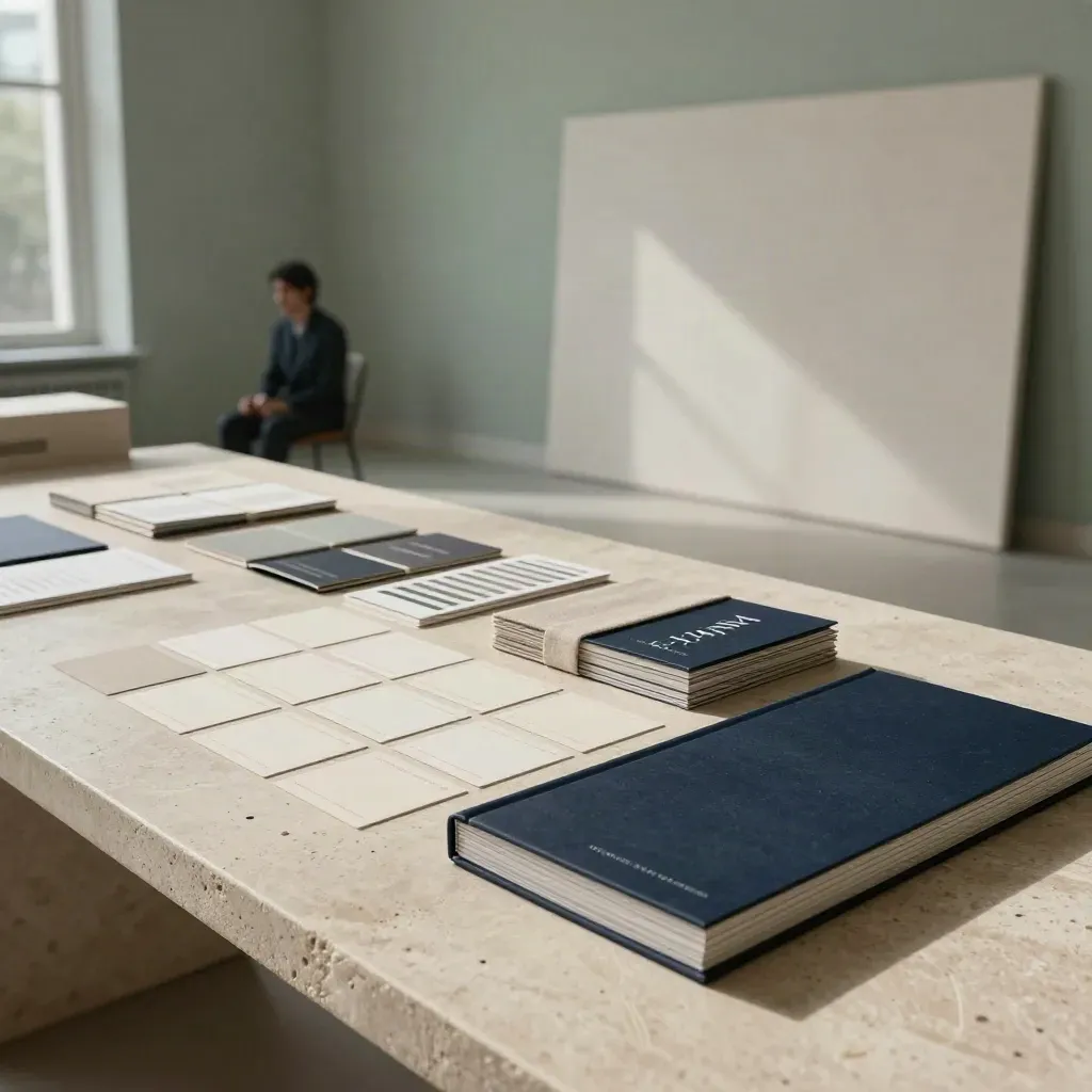 Moody studio layout of strategy cards, embossed covers, swatches, and blank plaster wall
