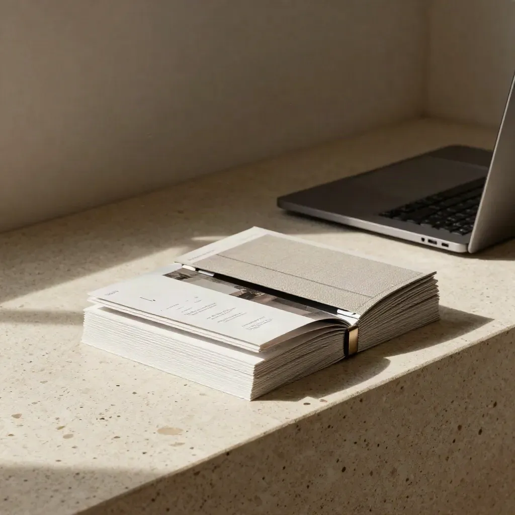 Travertine ledge with stacked web mockup cards and a closed laptop in dramatic studio light.