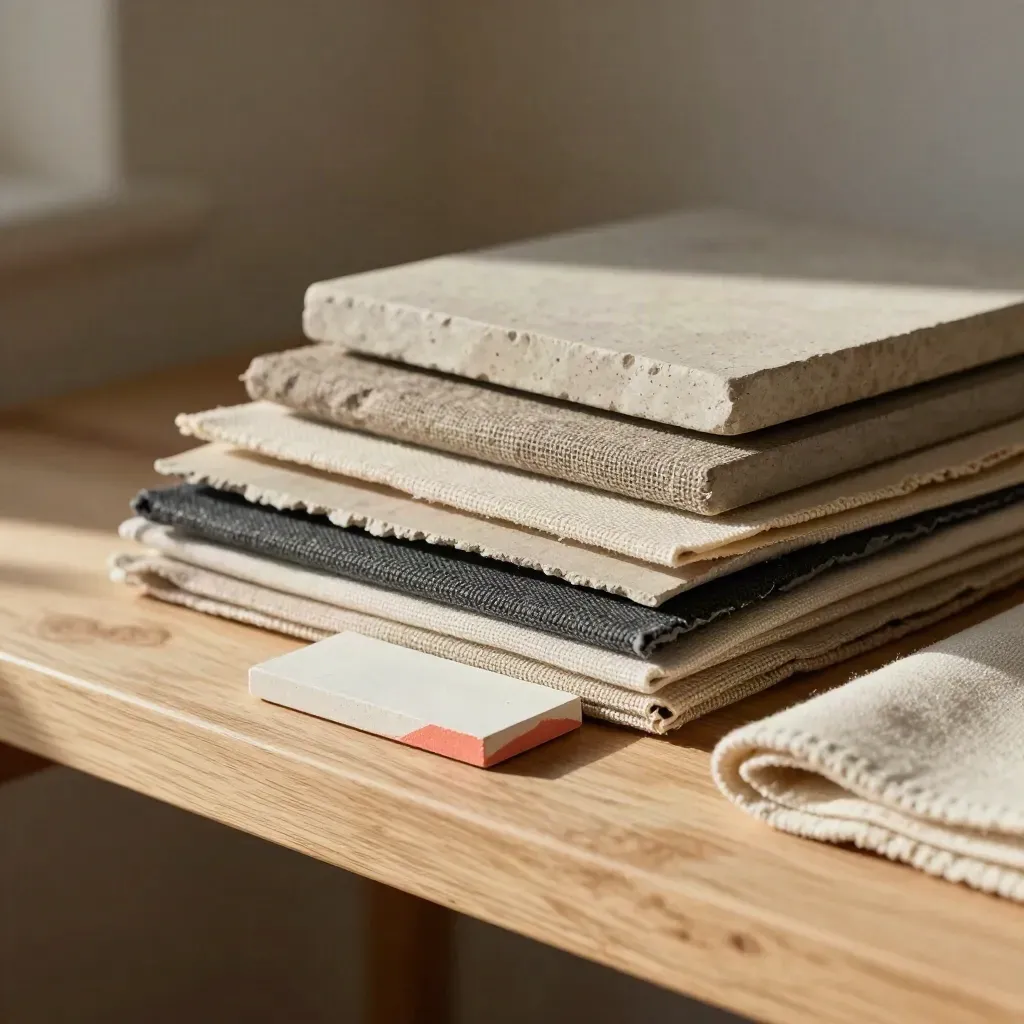Neutral color chips, linen swatches, and a plaster tile on a shelf in warm studio light