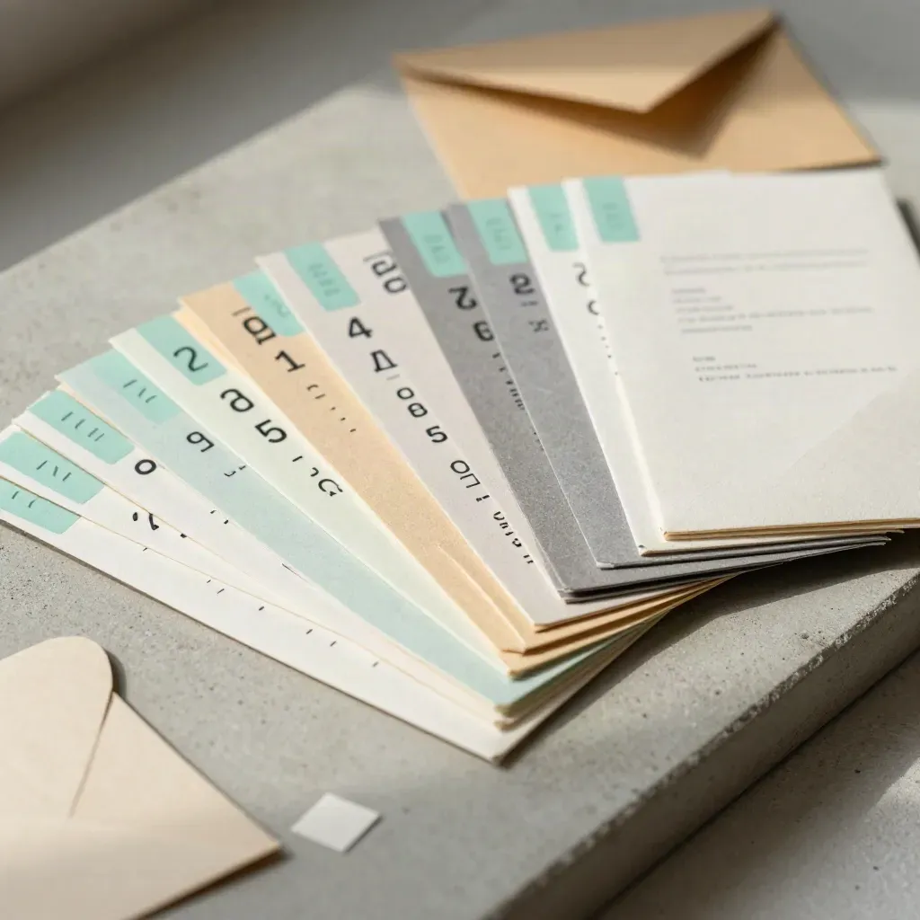 Diagonal flatlay of launch message tiles, seal dots, and date tabs on pale concrete.