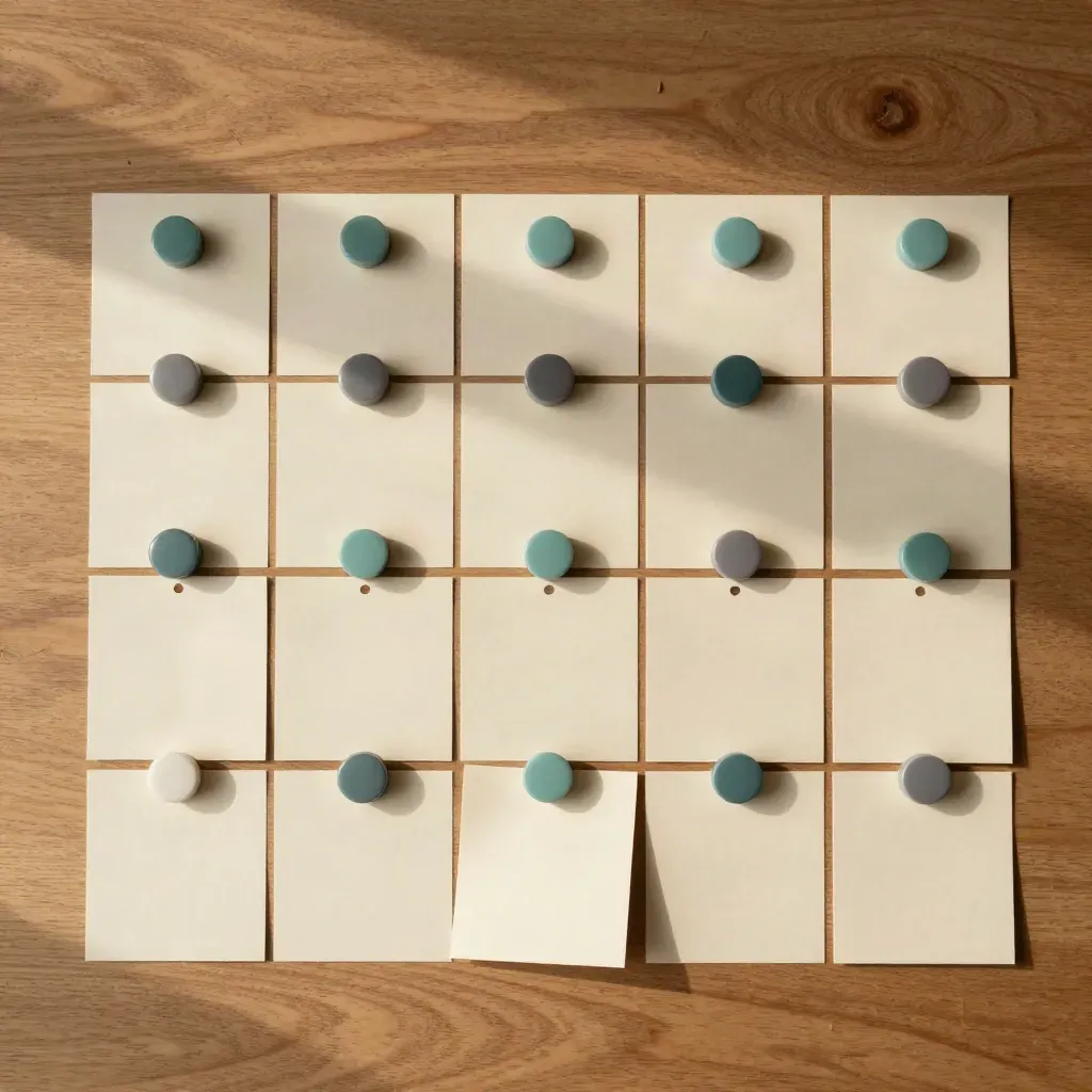Top-down oak flatlay of a month-long content calendar with teal markers and blank cards.