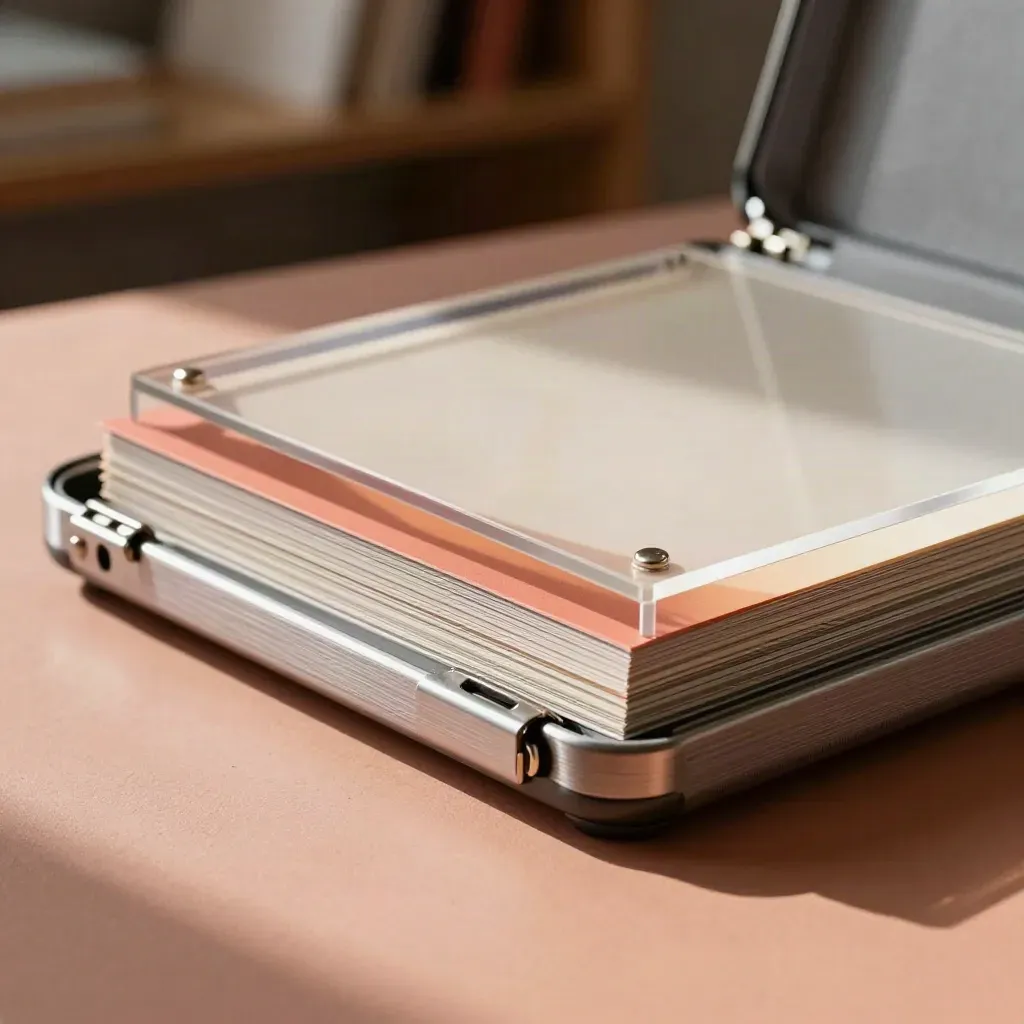 Open premium pitch deck case with acetate dividers and card samples on a terracotta table