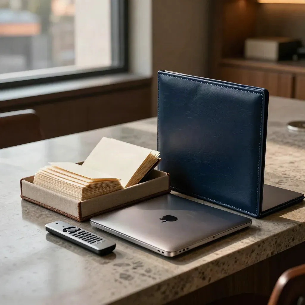 Open investor deck case beside closed laptop and remote on a stone counter in warm office light