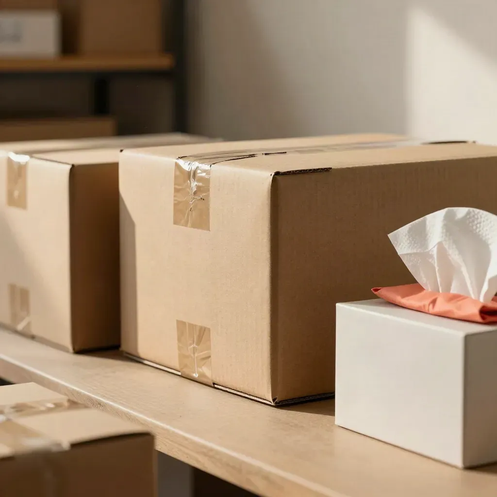 Close-up of launch-ready retail boxes, tissue, cartons, and a display pedestal in warm warehouse light.