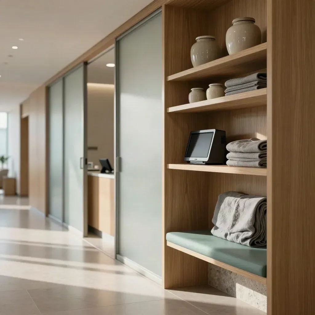 Clinic reception with frosted glass, oak shelving and a powered-down check-in kiosk in soft daylight.
