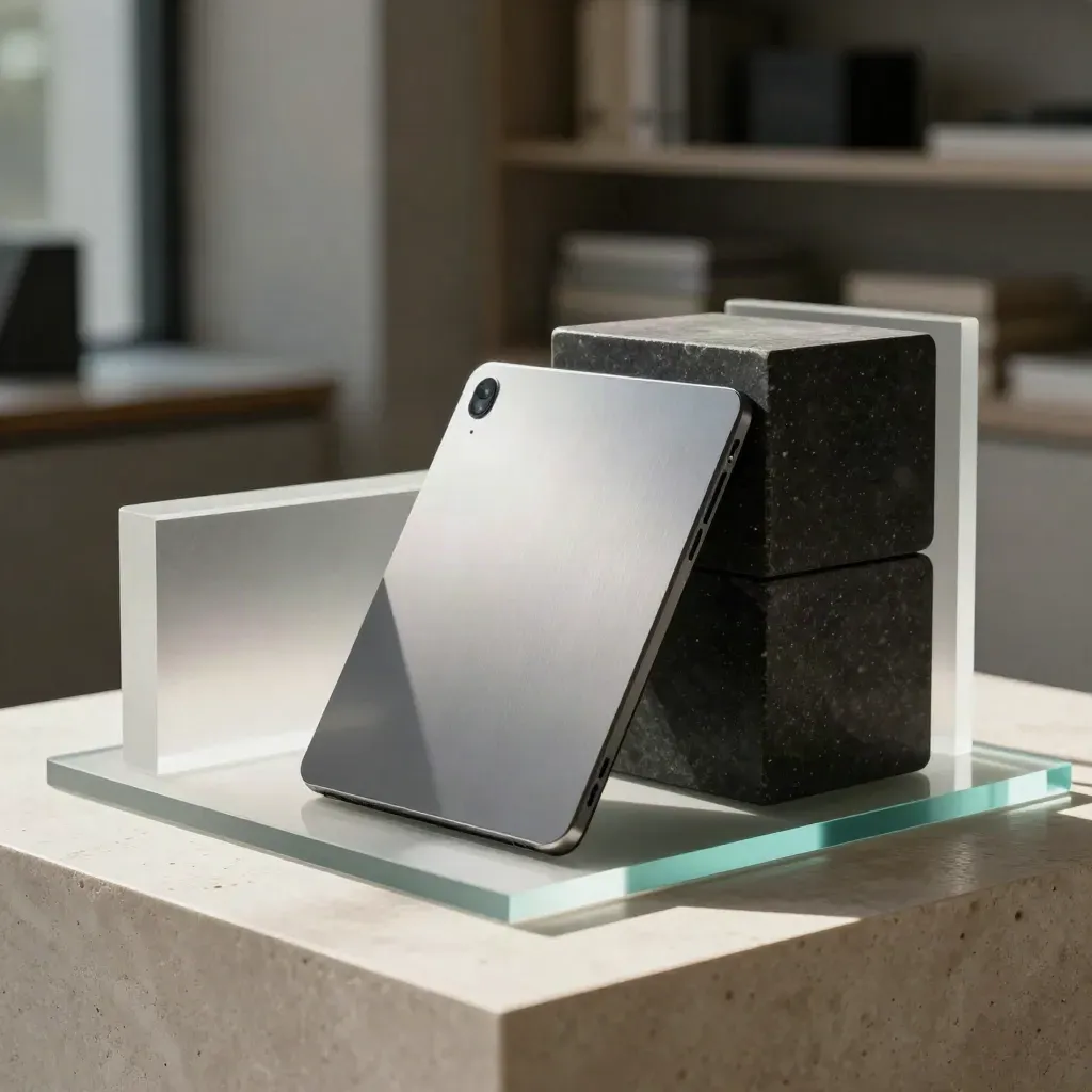 Fintech presentation setup with frosted acrylic, dark stone cubes, and a tablet on a stone plinth