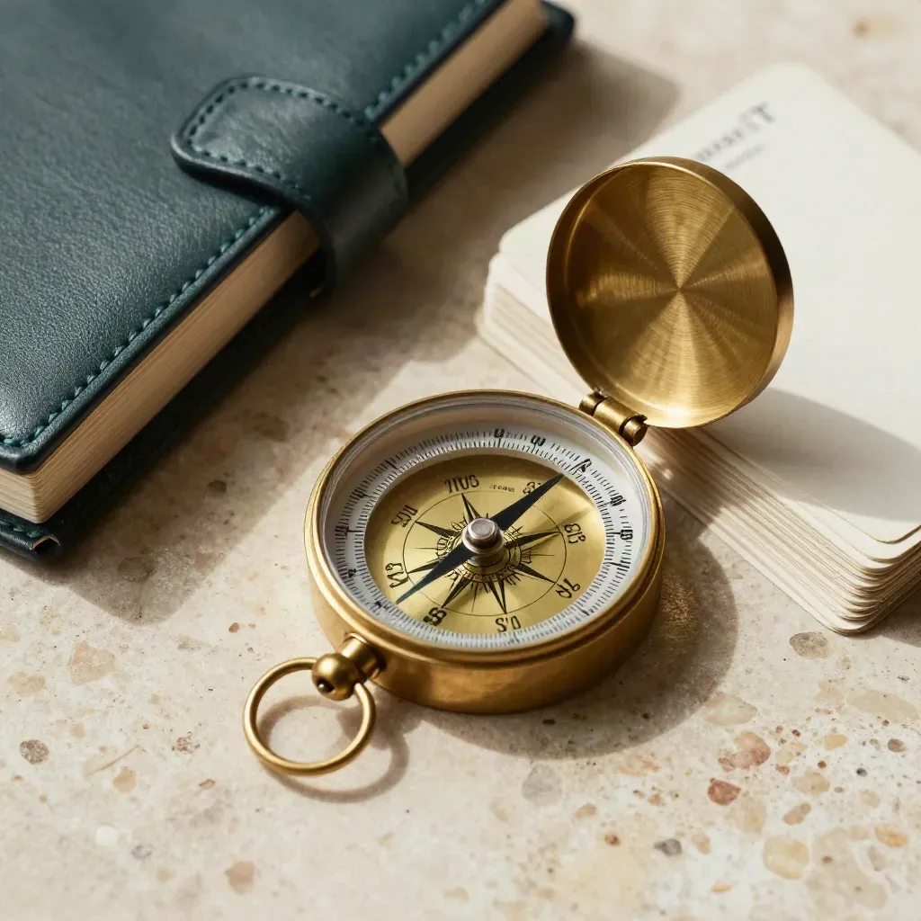 Brass compass, cream strategy cards and leather folio on travertine, needle settling