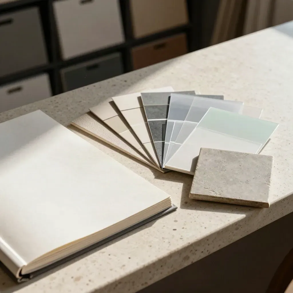 Top-down studio still life of sample book, swatches, acetate sheets and ceramic tile on travertine.