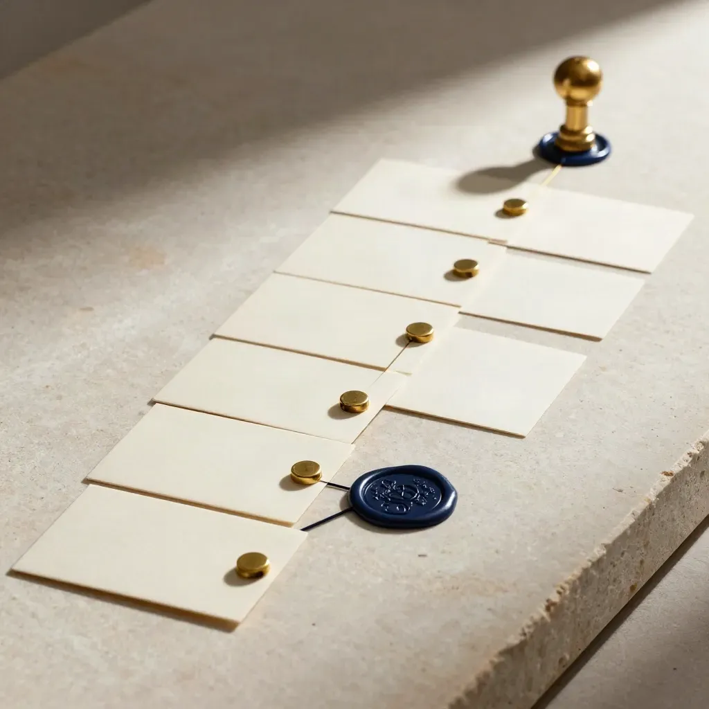 Blank cards, brass clips and navy seals arranged diagonally on pale stone in a premium still life.