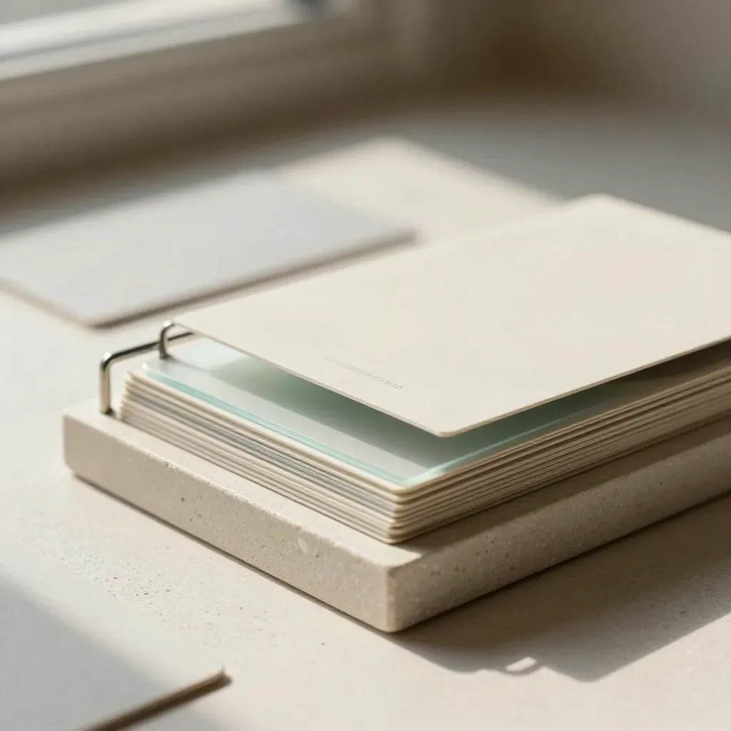 Macro still life of proof cards, stone paperweight, and sample sheets on pale plaster.