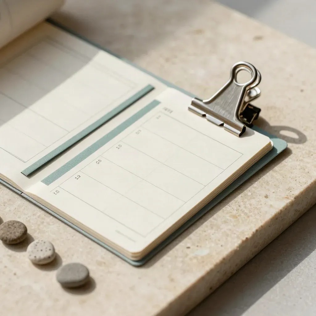 Overhead planning cards, date chips, and teal tabs clipped on limestone.