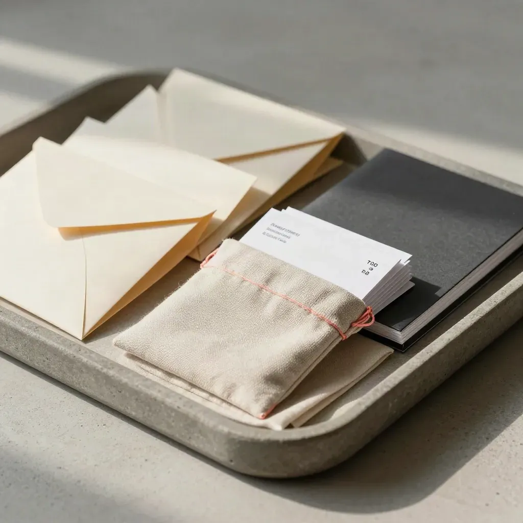 Stone tray with launch packets, folded folio, card stack in linen pouch, soft daylight