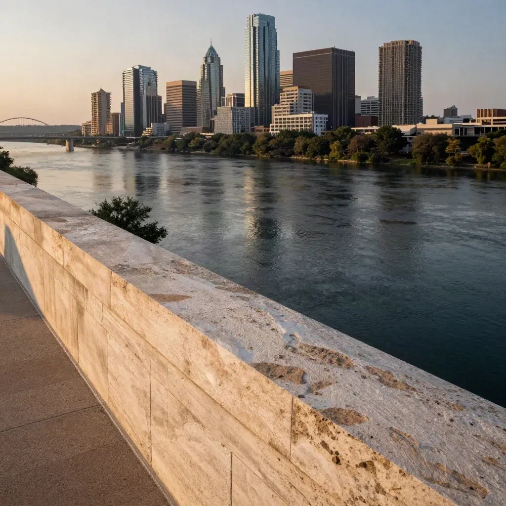 Austin skyline at golden hour beyond a limestone ledge and calm river under haze.