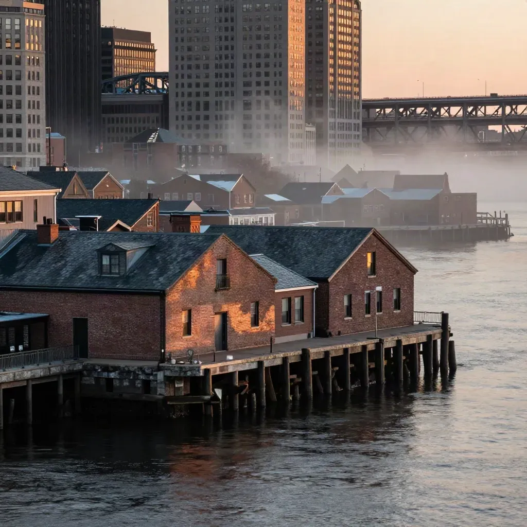 Boston Harbor brick wharves and bridge silhouettes above a misty charcoal river at sunset.