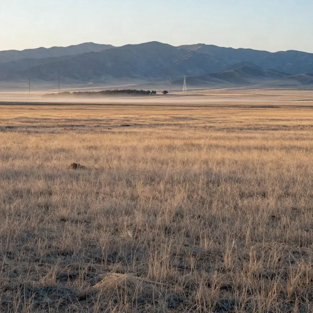 Remote US prairie horizon with low towers, tree line, and a hazy mountain ridge at golden hour.
