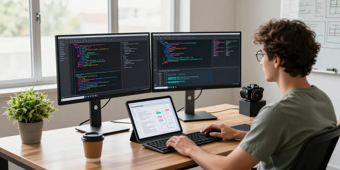Developer creating an OpenClaw skill in a modern workspace with monitors and coding tools.