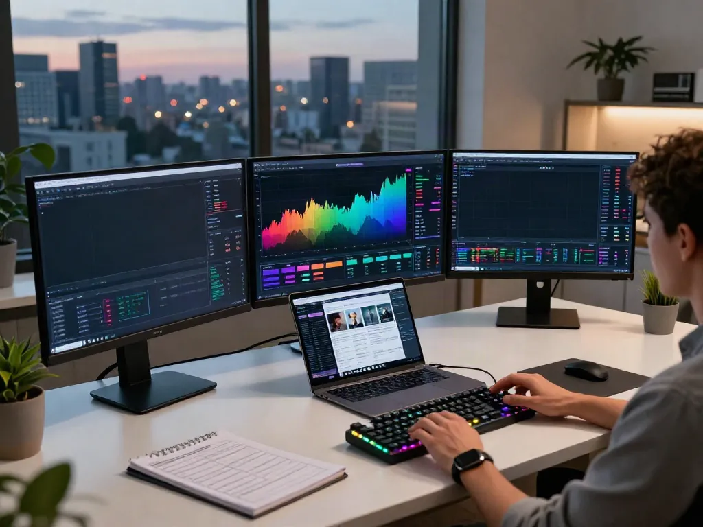 Forex historical data API visualized in a professional crypto trading workspace showcasing multiple screens, charts, and real-time data tracking.