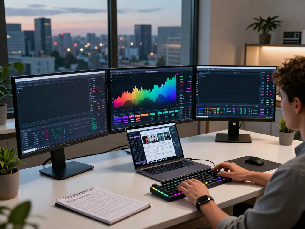 Forex historical data API visualized in a professional crypto trading workspace showcasing multiple screens, charts, and real-time data tracking.