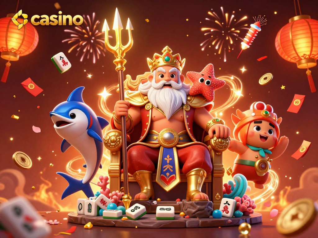 Engage with exciting casino vibes featuring a cartoon Neptune and dynamic gaming elements.