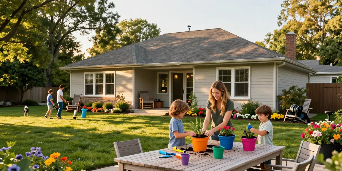 Residential garden scene at https://coventryat7.co.uk/ with family planting flowers and enjoying outdoor living.