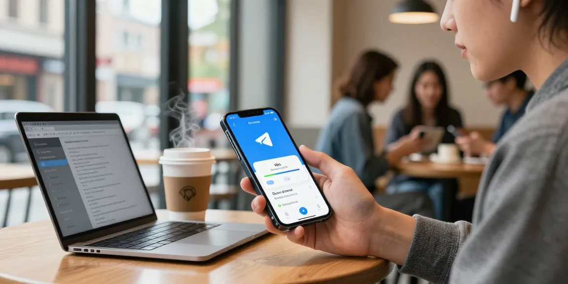 Engaged user downloading Telegram on iPhone in café, exploring telegram china ios download guide.
