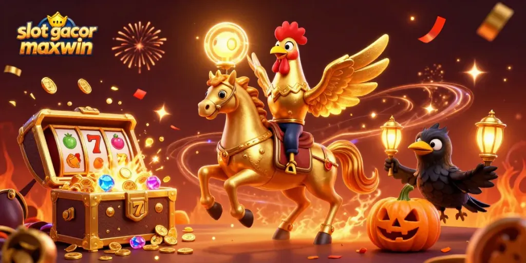 Spin the reels for slot gacor maxwin as a golden rooster claims victory in an enchanting casino.