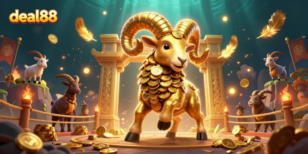 Engage in exciting casino battles with deal88, featuring a golden ram amidst dynamic gambling elements.