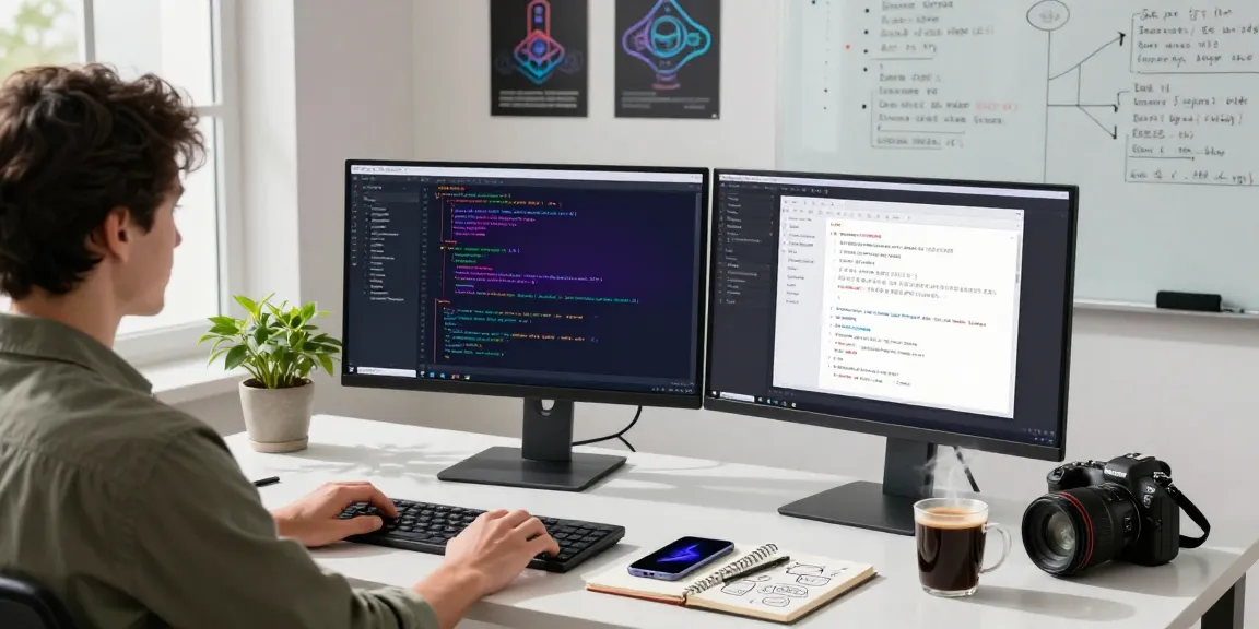 Young professional coding a 纸飞机中文版 application on dual monitors in a modern workspace.