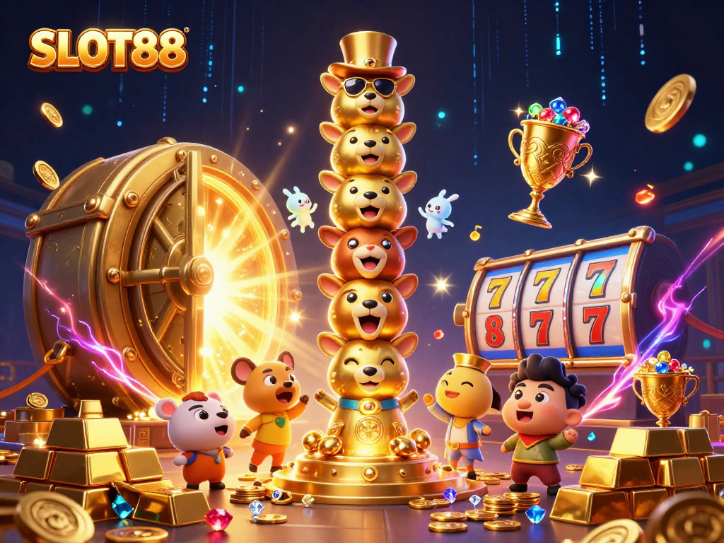 SLOT88 memberikan pengalaman menang besar dengan simbol slot dan harta karun berkilau dalam ilustrasi kasino yang luar biasa.