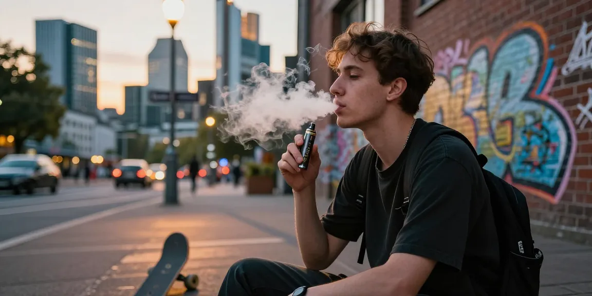 Where Can I Order THC Carts In Frankfurt, Germany? Best Guide, urban vaping scene with a young adult enjoying a THC cartridge in Frankfurt.