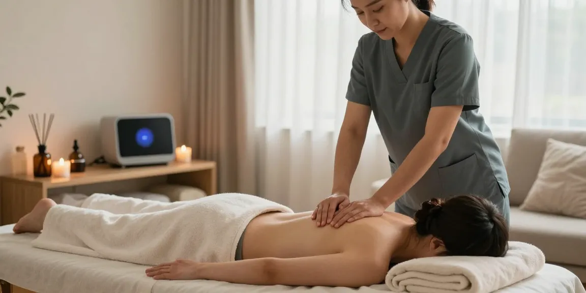 광명출장안마를 받는 고객이 편안한 집에서 전문 마사지사에게 케어를 받는 모습