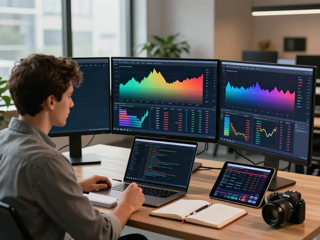 Trader using TradingView on multiple monitors in a modern office.