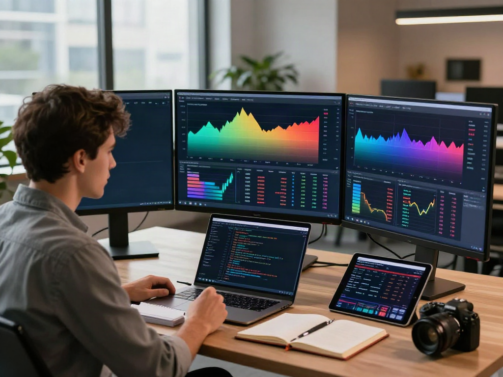 Trader using TradingView on multiple monitors in a modern office.
