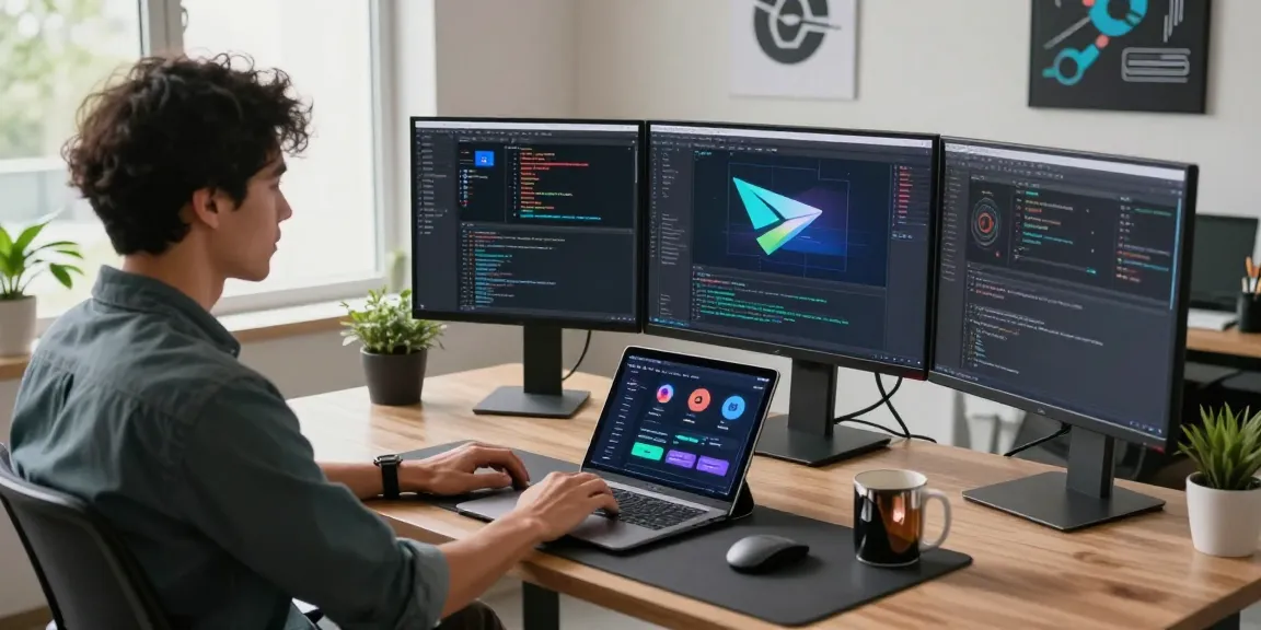 Developer engaging with the 纸飞机中文版 application in a modern tech workspace with multiple screens.