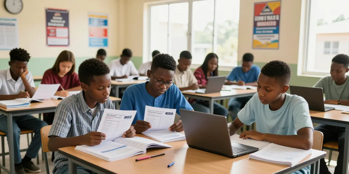 Students collaboratively studying the 2026 waec timetable in a vibrant classroom.