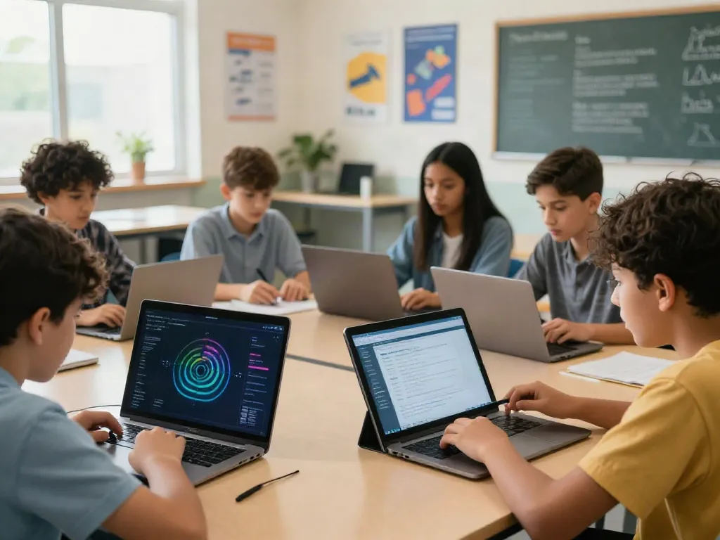 Students exploring rokok88 super digital curriculum in a modern classroom.