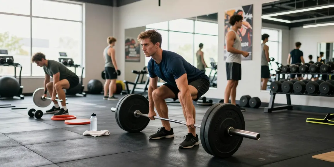 Athletic man lifting weights in the gym at Deus Medical Shop, showcasing dedication to fitness
