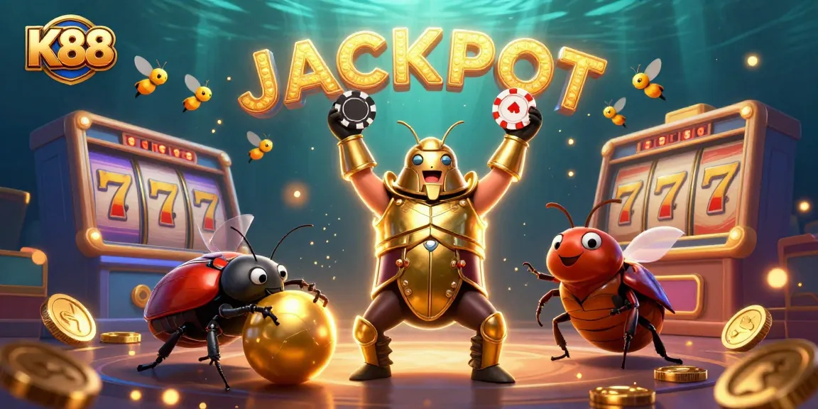 K88 jackpot scene with a hercules beetle lifting a poker chip amidst colorful slot reels and coins.