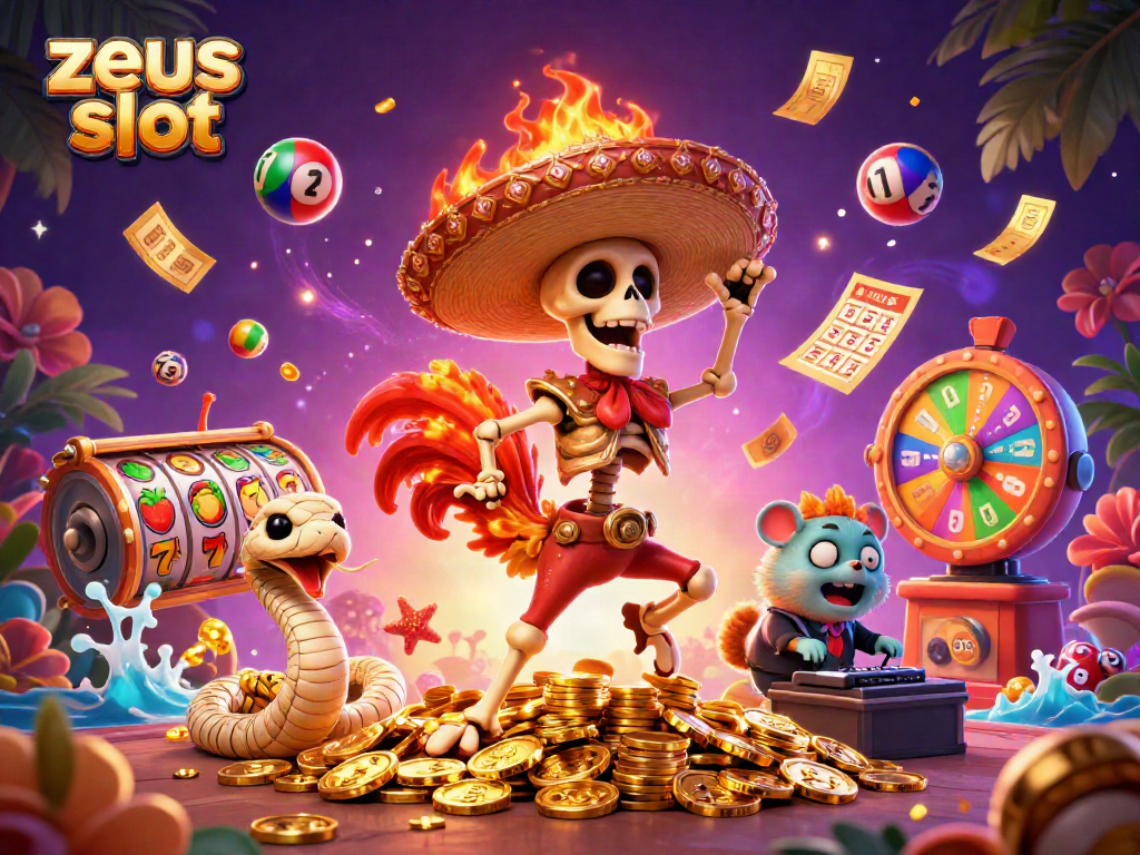 Spin the zeus slot with vibrant characters celebrating on coins and lottery elements