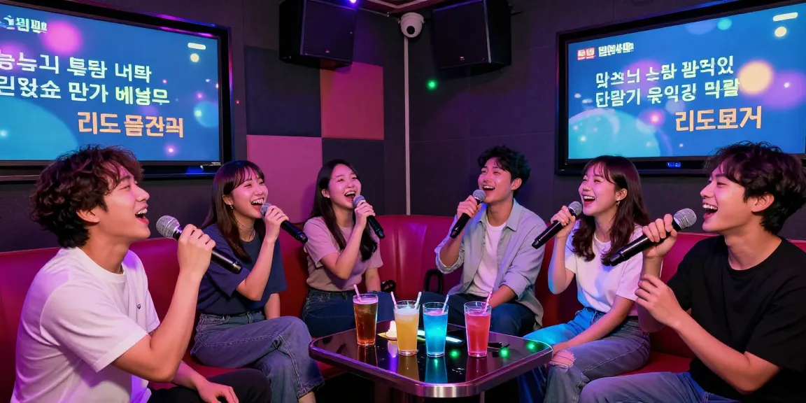 Friends singing in a lively 강남노래방 with colorful lights and joyful expressions.