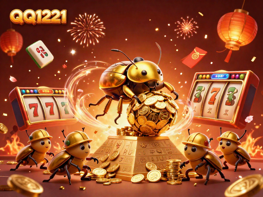 Experience the excitement of QQ1221 slots with a vibrant 3D illustration of golden beetles and casino symbols.