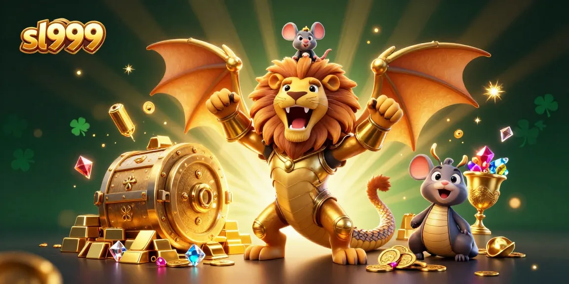 Engage with sl999 in a vibrant scene full of treasures, showcasing a golden chimera and lucky symbols in a dynamic casino atmosphere.