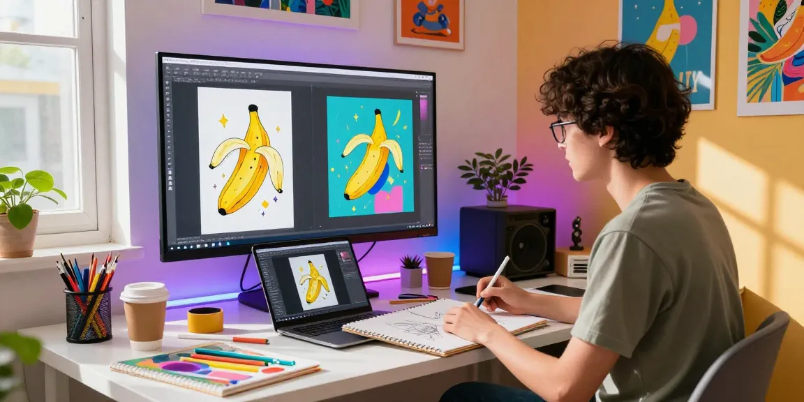 Artist using nano banana AI image editor in a vibrant workspace.