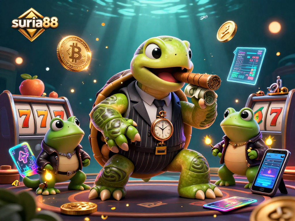 Play exciting games at suria88 with a vibrant 3D casino scene featuring a snapping turtle and bullfrog characters.