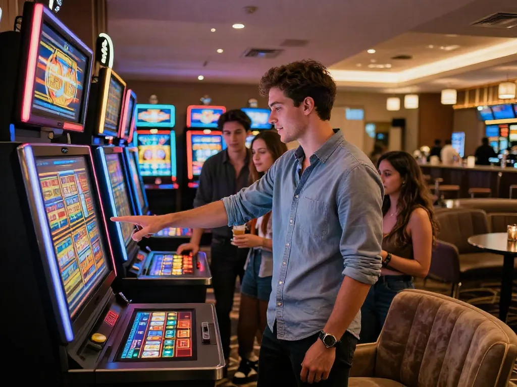 Friends enjoying rokok88 slot login at a modern casino lounge with vibrant slot machines.