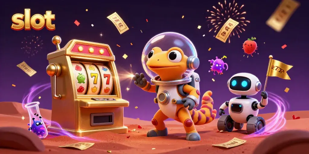 Slot menampilkan gecko Mars dalam ruang gelembung, menjelajahi mesin slot emas yang tersembunyi.