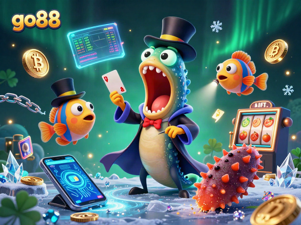 Experience thrilling action at go88 with vibrant characters performing magical card tricks amidst dynamic gambling elements.