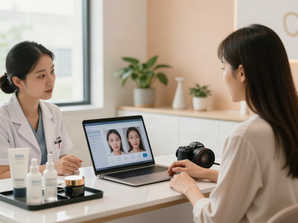 ClinicEvo vs QOVES skincare consultation showcasing facial analysis results with client discussion.