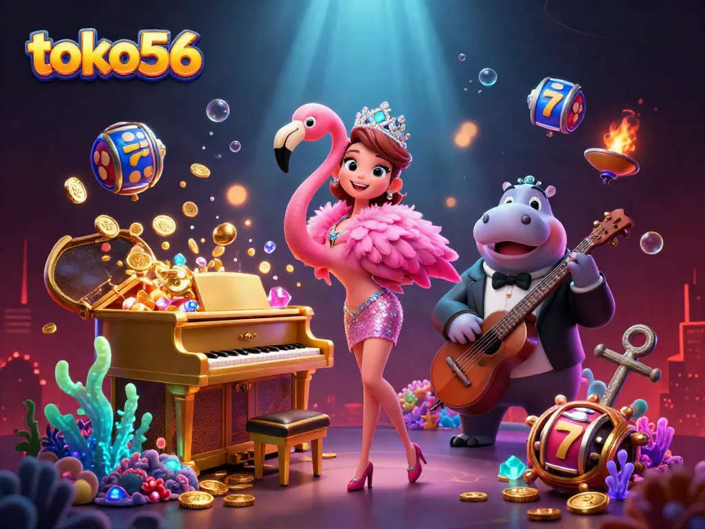 Slot gacor di toko56 dengan penyanyi flamingo dan musisi hippo dalam suasana megah.