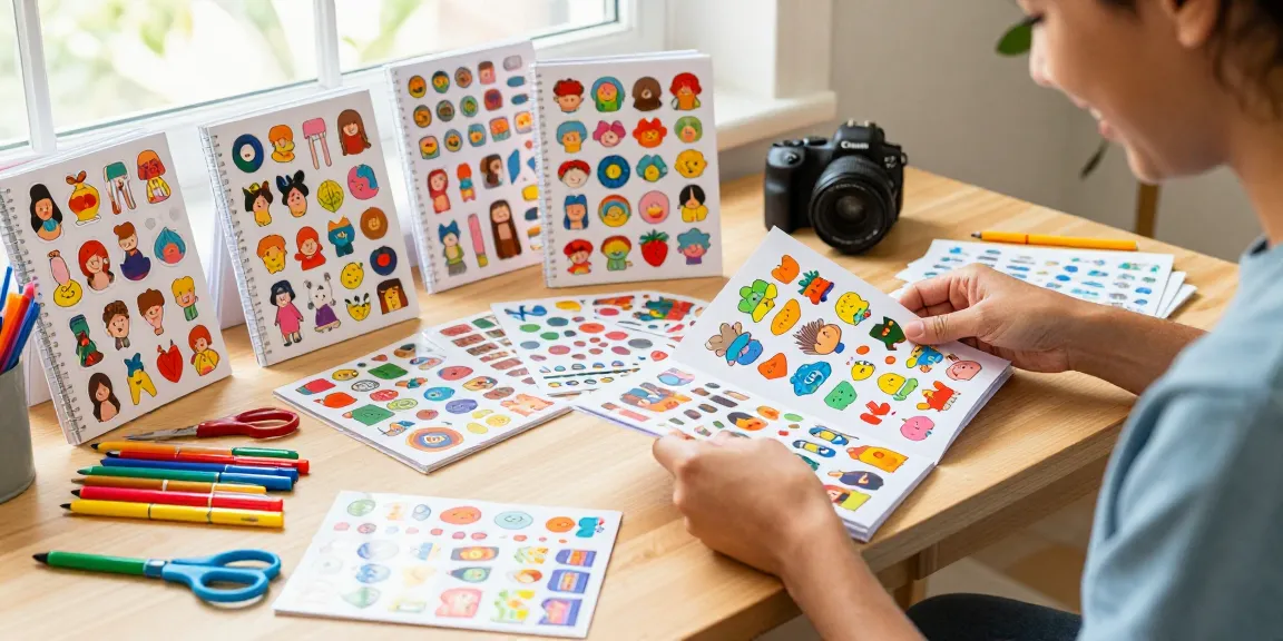 Engaging scene with a vibrant reusable sticker book being explored by a creative individual surrounded by colorful stickers and art supplies.